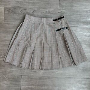 Vintage 80s Rampage Micro Houndstooth Pleated Leather Buckle Mini Skirt Size S